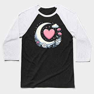 Moon, heart and flowers Baseball T-Shirt